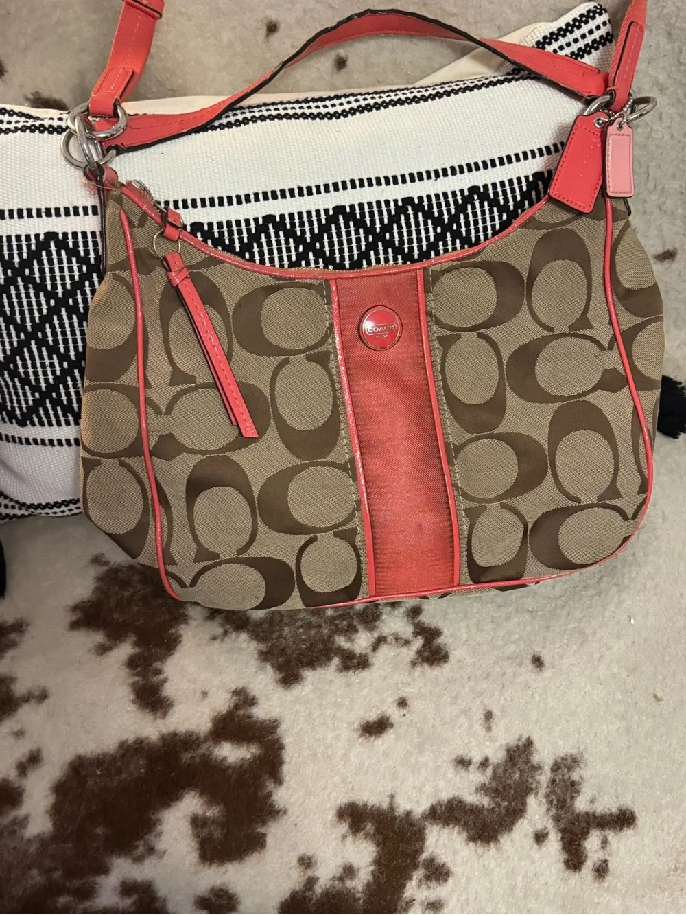 Coach Brown Signature Canvas Shoulder/crosbody Bag with Coral Trim *READ*